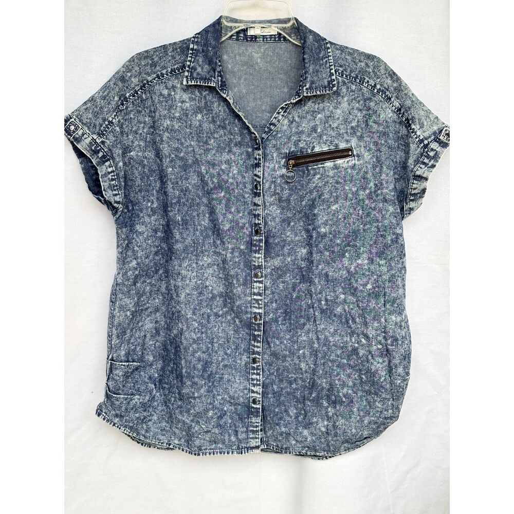 Blistorm Blue Acid Wash Short Sleeve Button Up Blouse Top Ring Pull Zipper